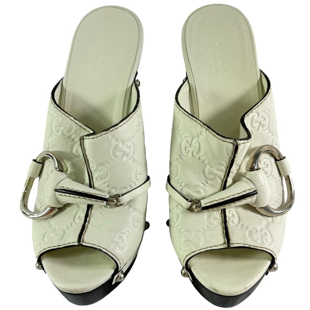 GUCCI White Leather Guccissima Horsebit Platform Clogs Italy Marked as 34.5-4.5